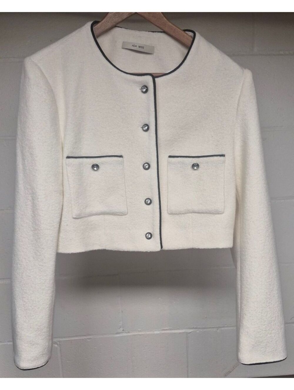 ADA MISS White Cropped Cardigan with Black Trim and Rhinestone Buttons